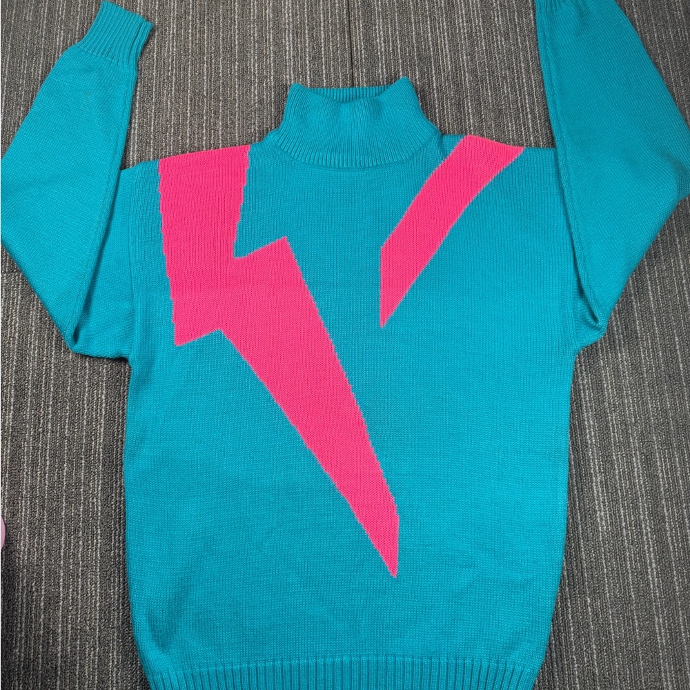 Slalom Vintage Turquoise & Hot Pink Turtleneck Ski Sweater